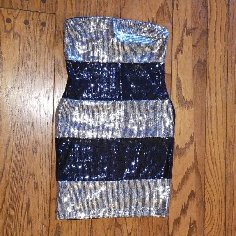 Sequin silver and black strapless dress